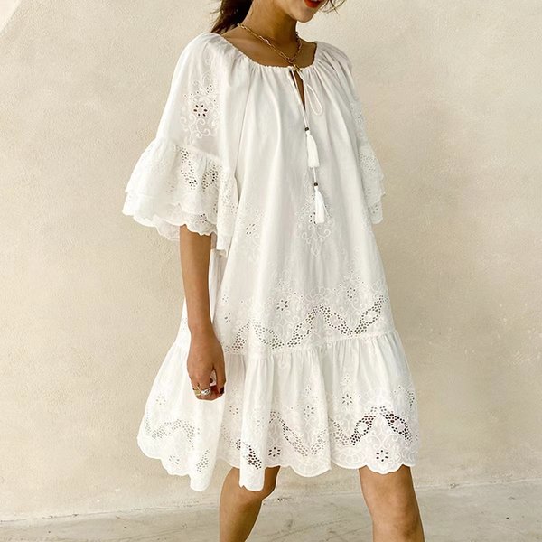 Women's Summer Skirt Temperament Commuter Solid Color Pure Cotton Loose Waist White Lace Commuter Jumper Holiday Style Dress-image