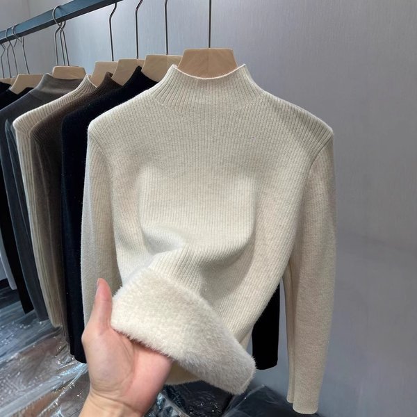 Women's Fleece-Lined Knit Sweater Long Sleeve Semi-Turtleneck Thermal Base Layer Slim Fit Pure Color Winter Top