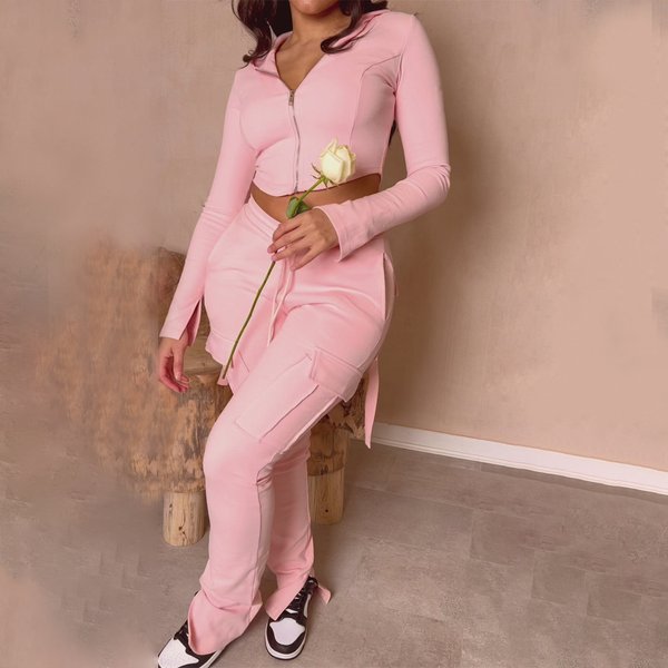 Women's Casual Jumpsuit With Hoodie & Multi-Pocket Cargo Pants Set - Streetwear Workout Outfit (Grey, Black, Pink) - S/M/L/XL/XXL