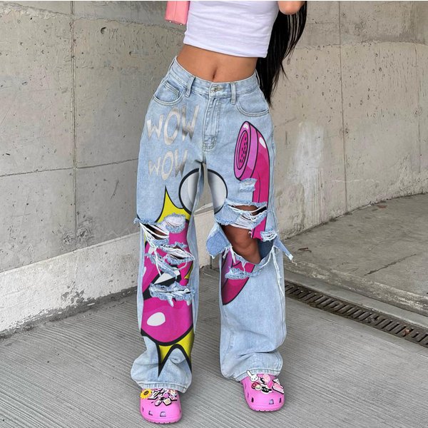 Women's Jeans Long High Waisted Hole Raw Edge Hot Selling Wide Leg Pants Long Pants-image