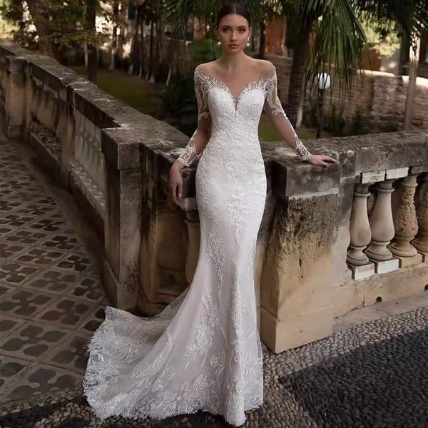 Women’S Clothing Long Sleeved Fishtail Wedding Dress Forest Style New Bride Simple Deep V Neck Backless Travel Photography Small Tail Soft Yarn Slim-image
