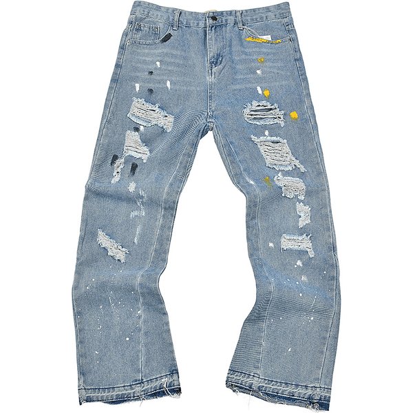 Vintage Washed Distressed Splatter Paint Hip-Hop Straight Leg Jeans For Men & Women – Cotton Denim With Artistic Design-image