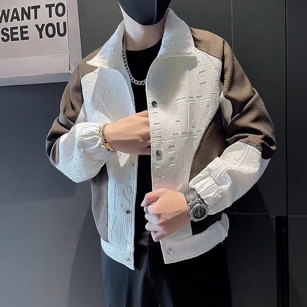 Men's Clothing Men's Stylish Contrast Color Letter Print Jacket - Loose Fit Casual Coat For Spring & Autumn (White/Black, M-3XL)-image