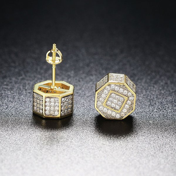 Men’S Jewelry Set Fashion Personality Octagonal Threaded Earrings Full Of Diamonds And Zircon Micro Inlaid Color Separated Electroplated Earrings-image