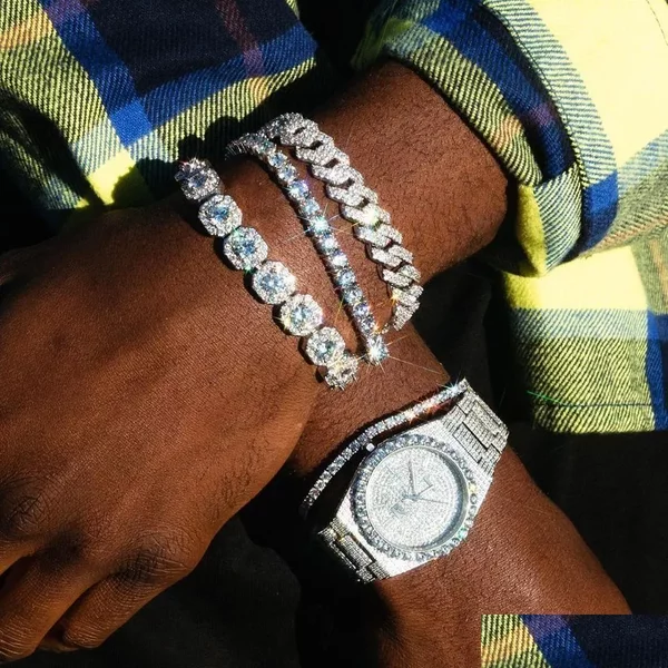 Charm Bracelets New Fashion 12Mm Width Cz Miami Cuban K Chain Hip Hop Bg Micro Pave 5A Clear Cubic Zirconia Men-image