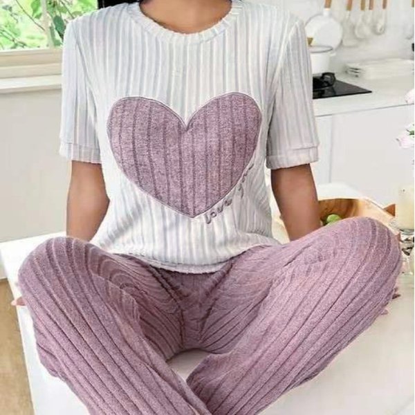 Women's Sleepwears Sweet Love Pajamas Women's Suit Autumn New Temperament Round Neck Short Sleeve Trousers Two Piece Comfortable Home Clothes Trend-image