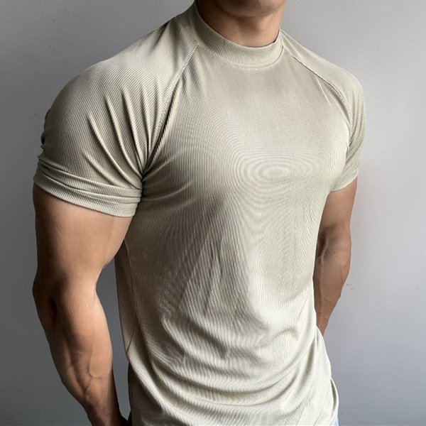 Men's Clothing Summer Sports Outdoor Training Short Sleeved Slim Elastic Quick Drying Raglan Sleeves Small Collar Solid Color Breathable Tide T Shirt-image