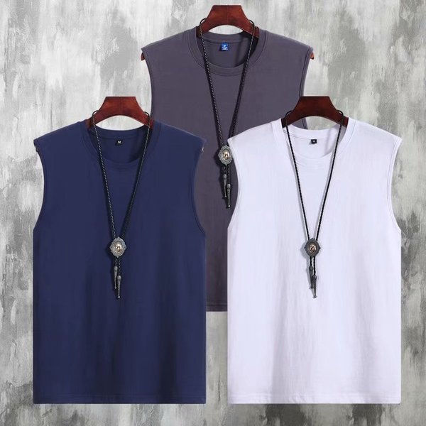 Men's Clothing Solid Color Pure Cotton Sleeveless T Shirt Trendy Sports Fitness Waistcoat Thin Style Boys Wear Basketball-image
