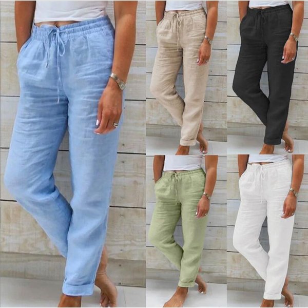 Women's Clothing High Waist Elastic Waist Solid Color Cotton And Linen Casual Pants-image