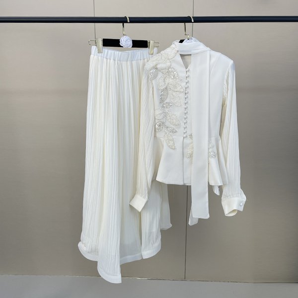 Elegant Two-Piece Set For Women, Beaded Top With Pleated Wrap Skirt, Waist-Defining Outfit