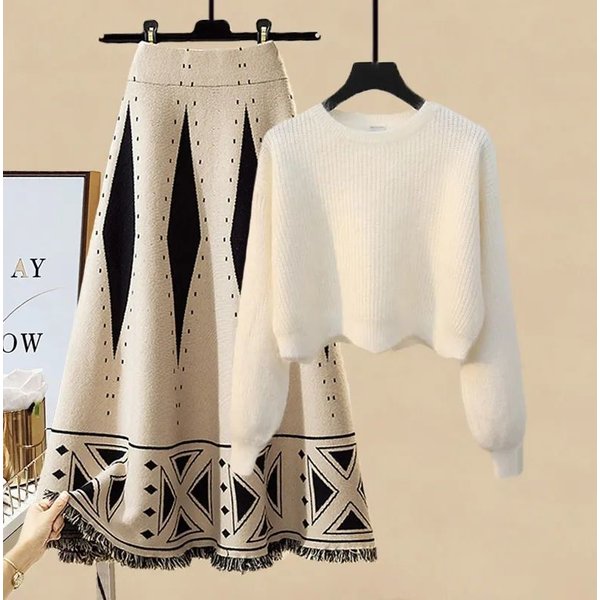 Women's Clothing Plus Size Autumn Suits Age Reducing Wavy Edge Short Sweater Slim Skirt Two Piece Suit-image