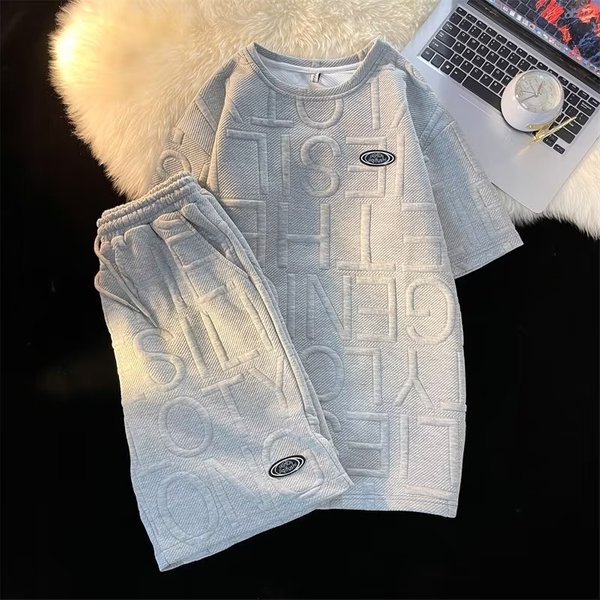 Men And Women's Preppy Style Casual Sportswear Set Short Sleeve Waffle Knit T-Shirt Loose Letter Print Shorts Summer Two-Piece Outfit