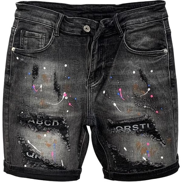 Men's Clothing Ins Trendy Big Hole Denim Shorts Summer New Style Personalized Patch Ink Splash High Street Slim Pants-image