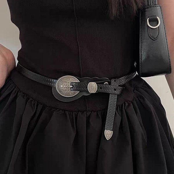 Simple And Versatile Cowhide Leather Narrow Paired With A Skirt, Knotted Thin Women, Fashionable Black Belt For Women-image