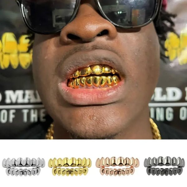 Hip Hop Gold Grillz Set - 8 Teeth Upper & Lower, Electroplated Copper, Stylish Dental Jewelry (Gold, Silver, Gun Black, Rose Gold)