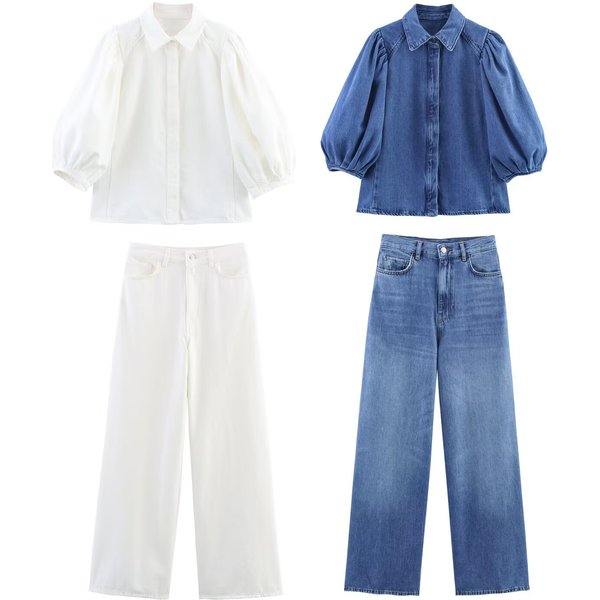 Women's Clothing Women's European American Style Collared Mid Sleeve Shirt Denim Pants Suit Set Long Sleeve For Formal & Casual-image