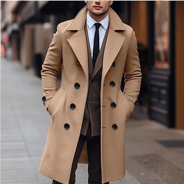 Cross-Border Autumn And Winter Men's Solid Color Medium And Long Woolen Coat Korean Version Double-Breasted Tweed Trench Coat-image