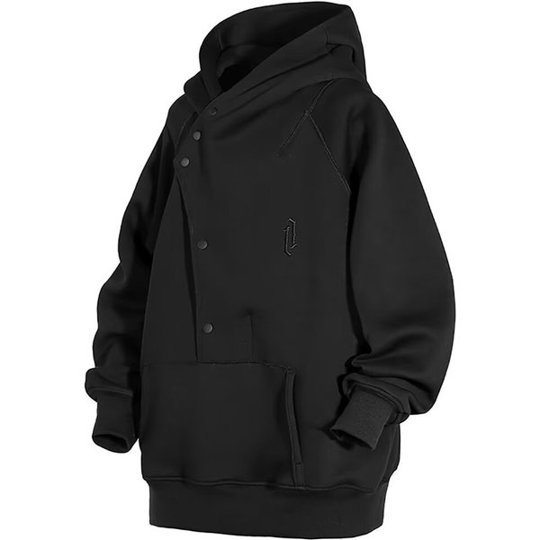Autumn New Slanted Placket Button Hooded Sweatshirt Men's Loose Casual Hooded Top Jacket