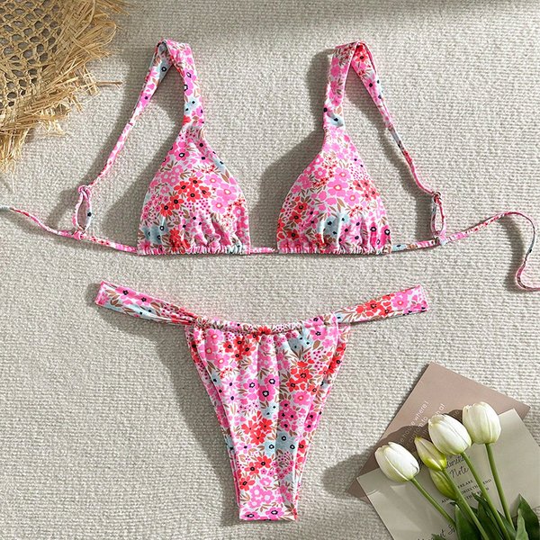 Women's Clothing New Floral Lace Up Bikini Swimsuit Women's Three Point Bikini Beach Hot Spring Swimsuit-image