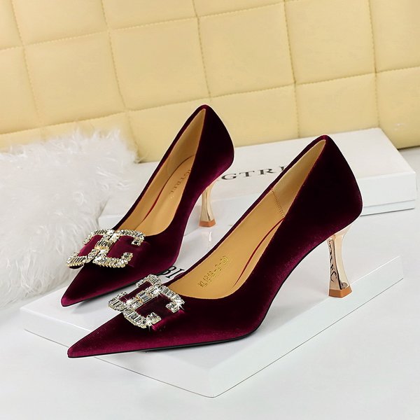 1818-K78 Banquet Light Luxury Elegant Women's High Heels Western Suede Shallow Mouth Pointed Toe Rhinestone Bow Single-image