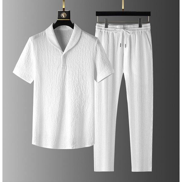 Men's Clothing Ice Silk T Shirt Men's Summer High End Short Sleeved Casual Sports Suit V Neck Half Sleeved T Shirt With Pants Two Piece Suit