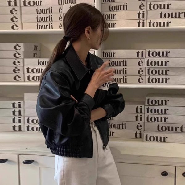 Elle 2025 Autumn Winter New Cool Style Petite Biker Vintage Short Black Leather Jacket For Women-image
