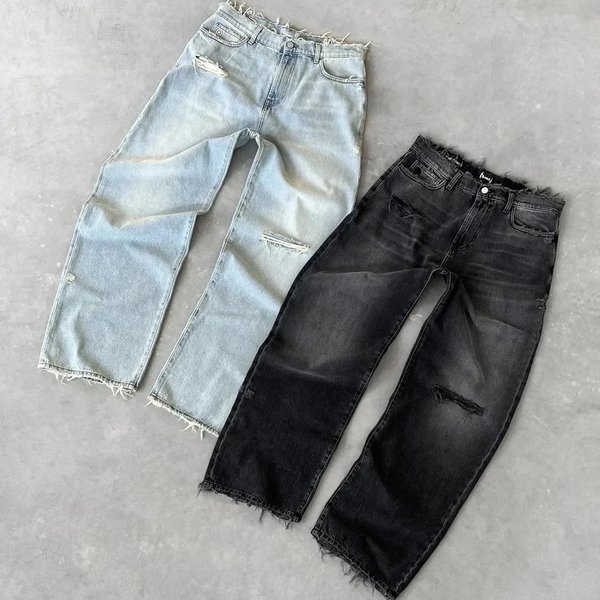 Men's & Women's Distressed Ripped Jeans - Washed Solid Color, Street Fashion Casual Denim Pants-image
