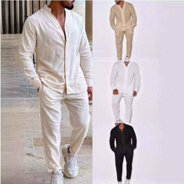 2024 Sports Linen Autumn Casual Sleeved Fashionable Workwear Long Pants Two-Piece Set-image