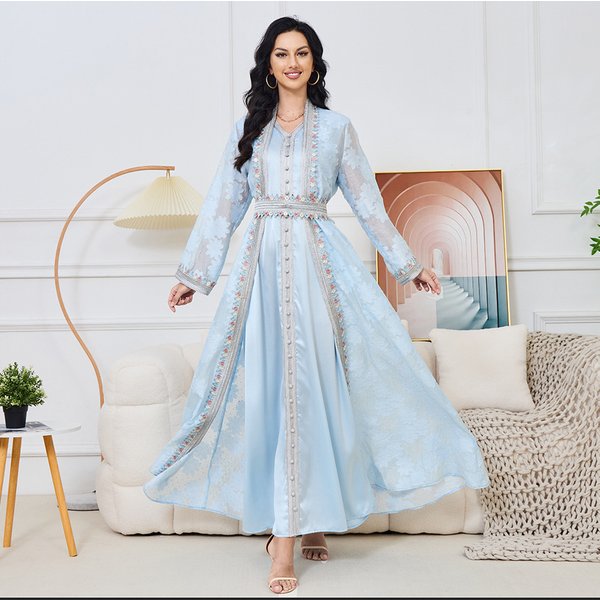 Verve MT073 Women's Muslim Clothing New V-neck Cardigan Two-piece Set Elegant Dress