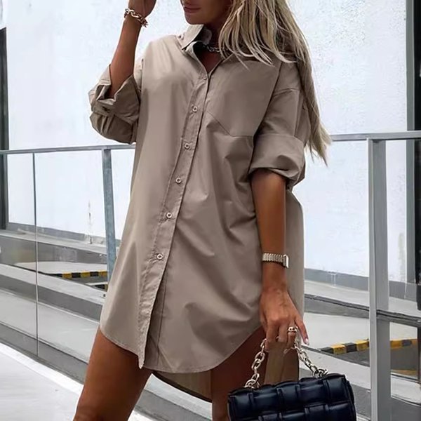 Women's Clothing Cotton Buttoned Mid Length Long Sleeved Loose Shirt-image