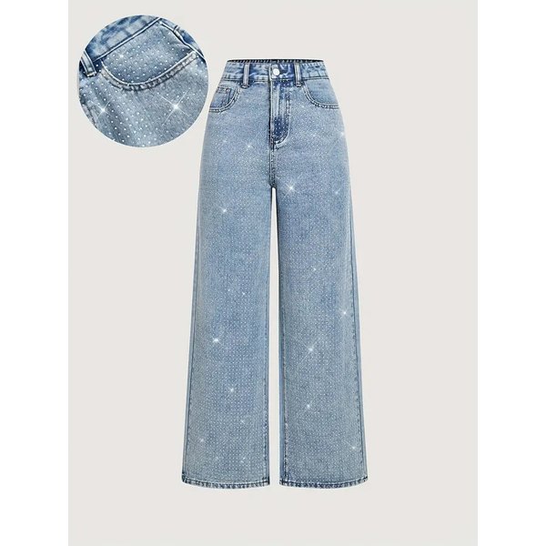 Women's Stretch Denim Jeans – Straight Leg, Washed Blue With Beaded Embellishments (XS-XXXXXL)-image