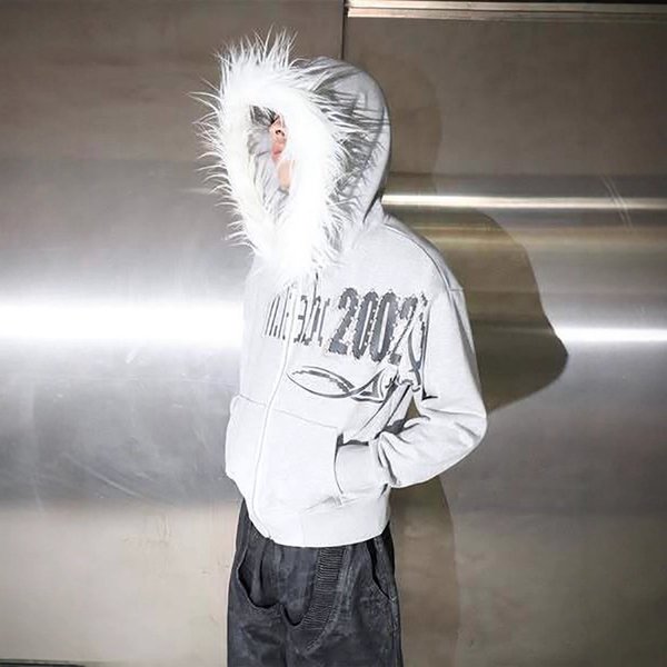 Unisex Retro Hooded Sweatshirt With Faux Fur Trim, Y2K Streetwear Style, Loose Fit, Warm & Stylish Pullover For Men And Women-image
