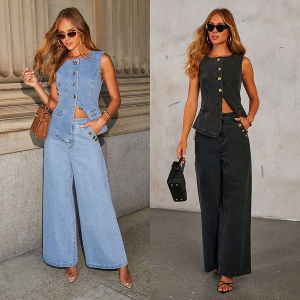 Direct Sales From The Manufacturer, 2025 New Model American-style Solid Color Fashionable Sleeveless Denim Suit,