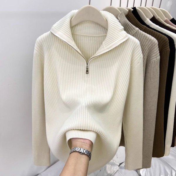 Women's Slim Fit High Neck Zip-Up Sweater Casual Knit Pullover Tops For Autumn Winter - Oatmeal, Beige, Black