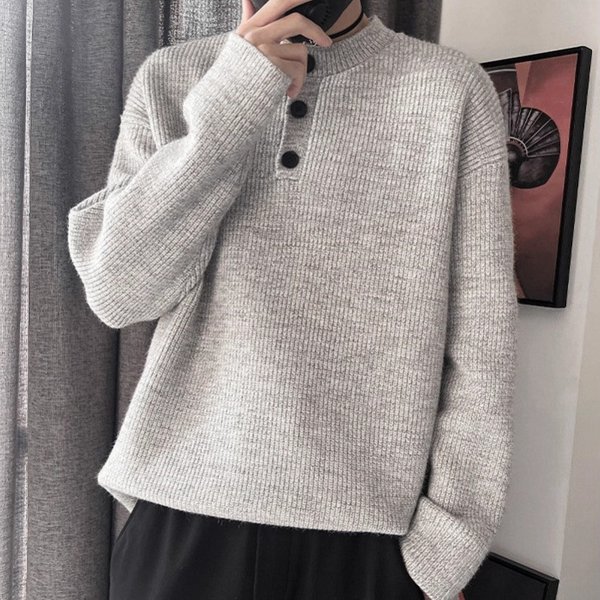 Men's Retro Henley Collar Sweater - Relaxed Fit Knit Top, Premium Comfort For Spring & Autumn, Flower Gray (M-3XL)-image