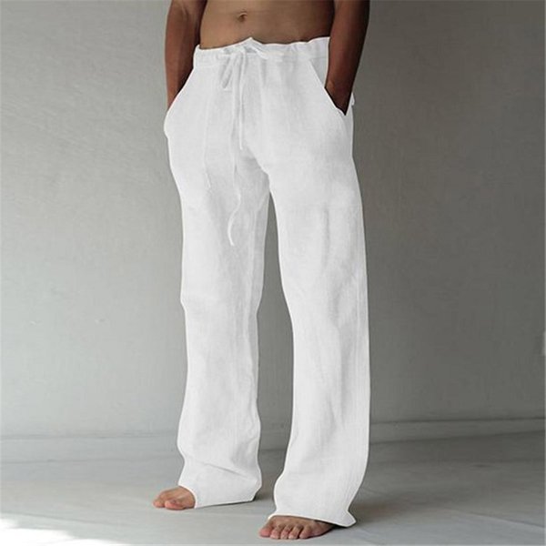 Suitable For All Seasons 2025 Men's Plus Size Loose Casual Elastic Waist Drawstring Breathable Sports Cotton Linen Long Pants-image