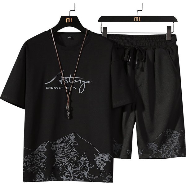 Men's Short-Sleeved T-Shirt Suit Mountain Print Fashion Trend Slim Fit Large Size Sports Two-Piece Set
