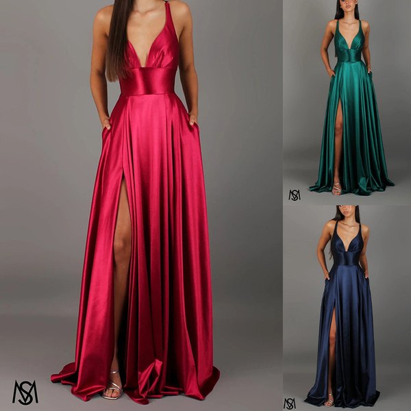 Sexy V-Neck Satin Slip Dress – Elegant Evening Gown With High Waist & Side Slit (S-XL, Polyester, Deep V-Cut, A-Line, Party & Cocktail Dress)-image