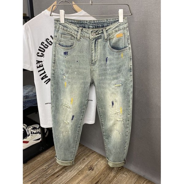 Light Luxury Ink Splashed Patch Jeans For Men, New Autumn Styles, Trendy Brands, Handsome Ripped Elastic Casual Slim Fitting Skinny Pants-image