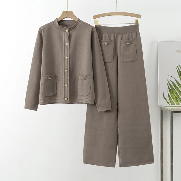 Women's Clothing Autumn And Winter New Style Small Long Sleeved Cardigan Sweater Wide Leg Trousers Knitted Two Piece Suit-image