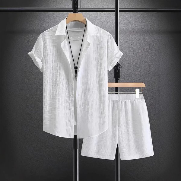Men's Clothing Summer Jacquard Black And White Solid Color Men's Suit Short Sleeved Vacation Casual Style Shirt Shorts Two Piece Suit