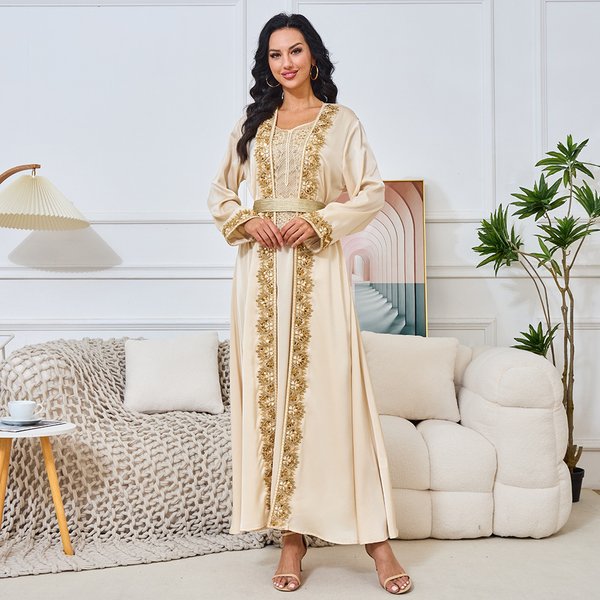 Women's Muslim Clothing Evening Summer New Fashion Beaded Dress Long Sleeve Cardigan Two-Piece Set-image