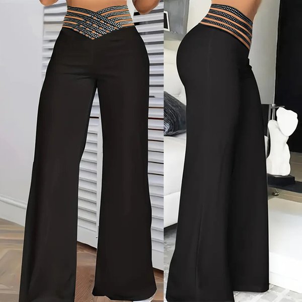 Women's Clothing Ladies Solid Color Fashion Hollow Hot Diamond Mid Waist Casual Wide Leg Pants Trousers-image