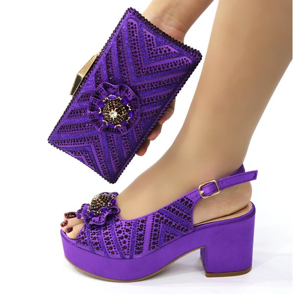 Women's Shoes Brown Small Square Evening Bag With Thick Heel Ladies Hot Diamond Sandals, Full Diamond Shoe Bag Set Combination