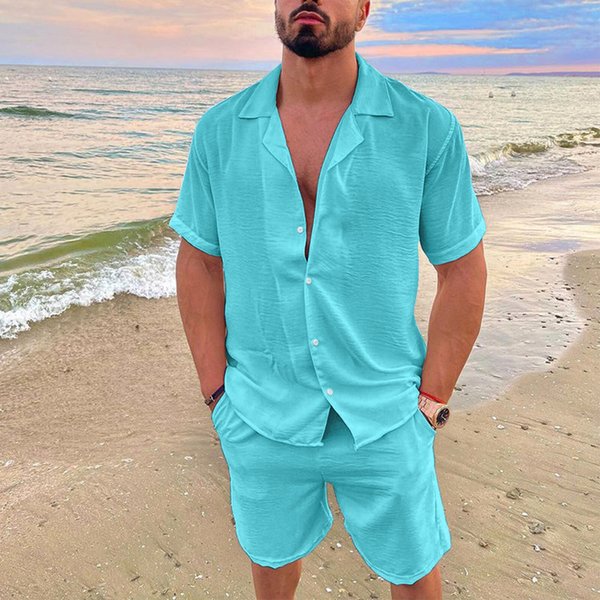 Man's Clothing Men's Summer Lapel Cotton Linen Solid Color Short Sleeve Shorts Suit-image