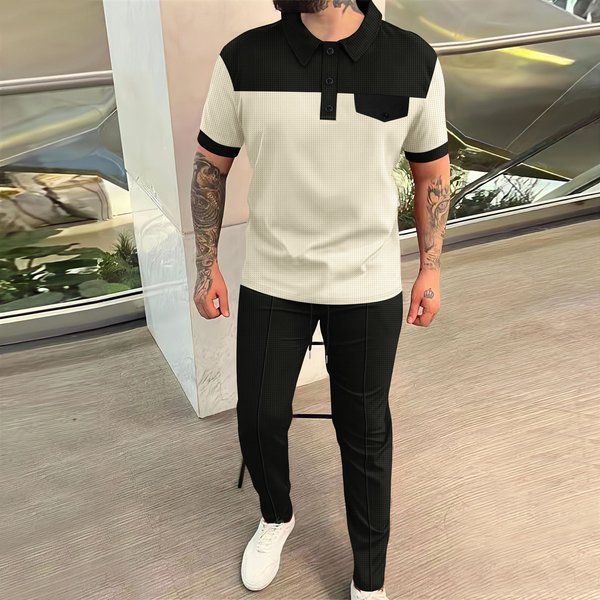 Men's Clothing New Waffle Color Stitching Lapel Chest Pocket Button Short Sleeved Trousers Suit-image