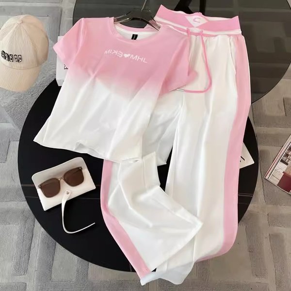 Women's Clothing Fashion Sportswear High-End Online Celebrity Leisure Suit Women's Gradient Color Short-Sleeved Top Straight Pants Two-Piece Suit-image