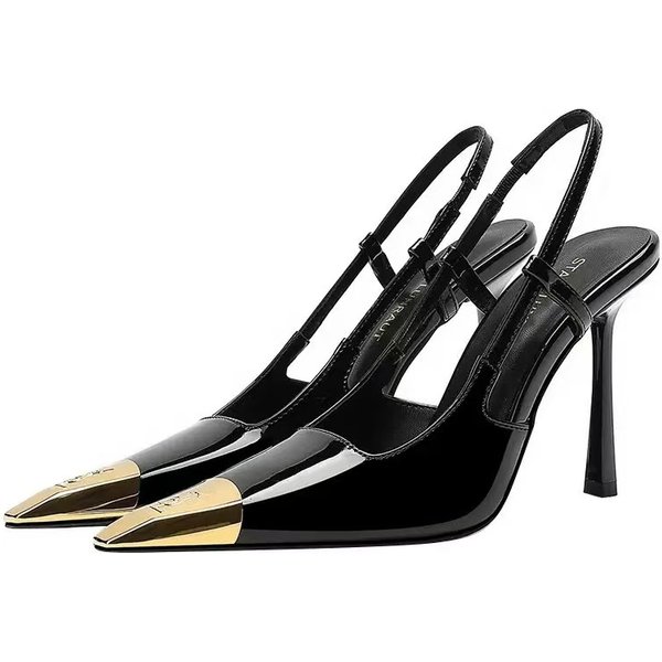 High Heels Gold Iron Socialite Yangshulin Patent Leather Black Women Shoes Stiletto Sexy Small Square Closed Toe Sandals
