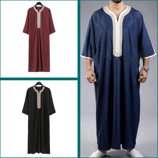 Men's Clothing New Arab Robe Short Sleeve Embroidery Navy Blue Men's Muslim Robe-image