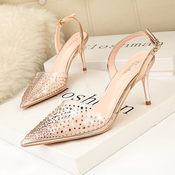 Style Simple Pointed Toe Shallow Mouth High Heels Transparent Rhinestone Fashion Sandals Thin Heel Hollow Out-image